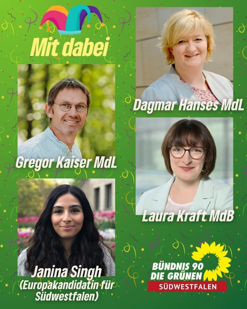 Plakat zum Politischen Aschermittwoch der Grünen Südwestfalen mit Gregor Kaiser MdL, Dagmar Hanses MdL, Laura Kraft MdB und Janina Singh